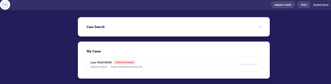 The TEC Portal dashboard showing Case Search and a My Cases list with case status